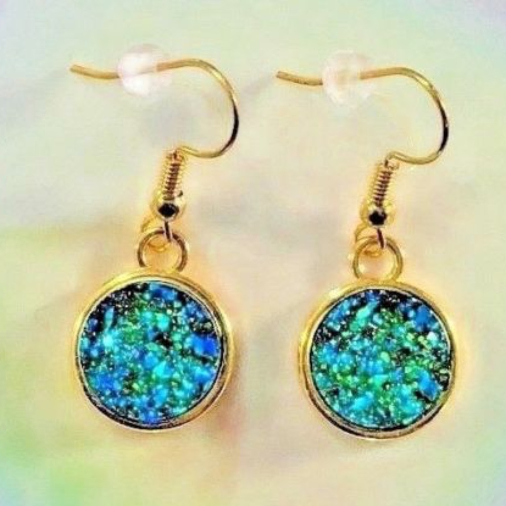 Gold Hook Dangle Drusy Stone Mint Green Earrings